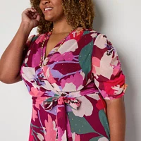 Liz Claiborne Womens Short Sleeve Midi Floral Plus A-Line Dress