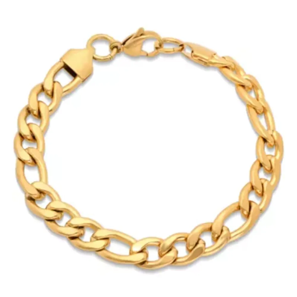 Steeltime Mens 18K Gold Over Stainless Steel Solid Figaro Chain Bracelet