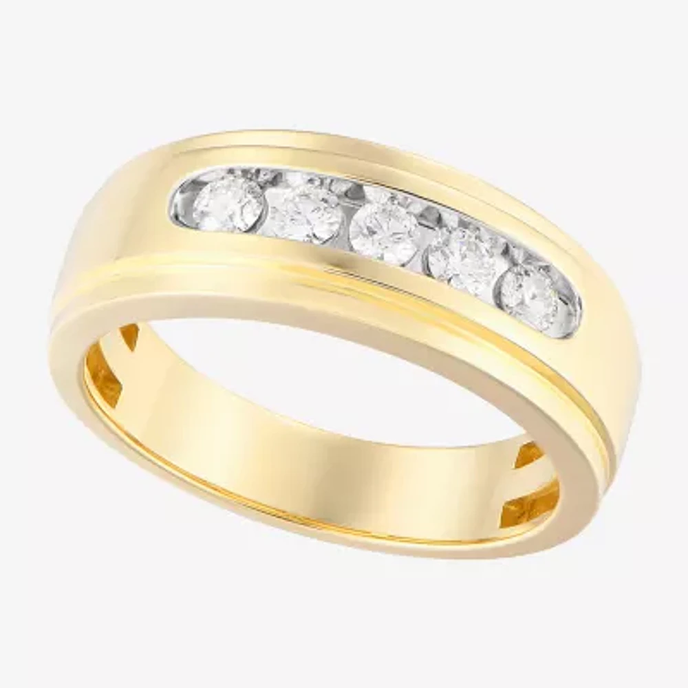 (F / Vs2) Mens 8MM 1/2 CT. T.W. Lab Grown White Diamond 14K Gold 5-Stone Wedding Band