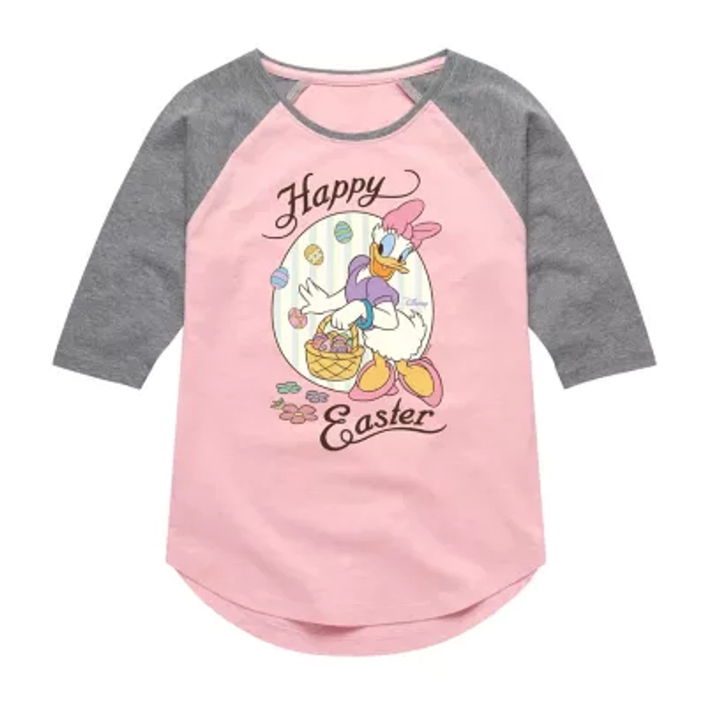 Disney Collection Little & Big Kid Girls Crew Neck 3/4 Sleeve Regular Fit Daisy Duck Graphic T-Shirt