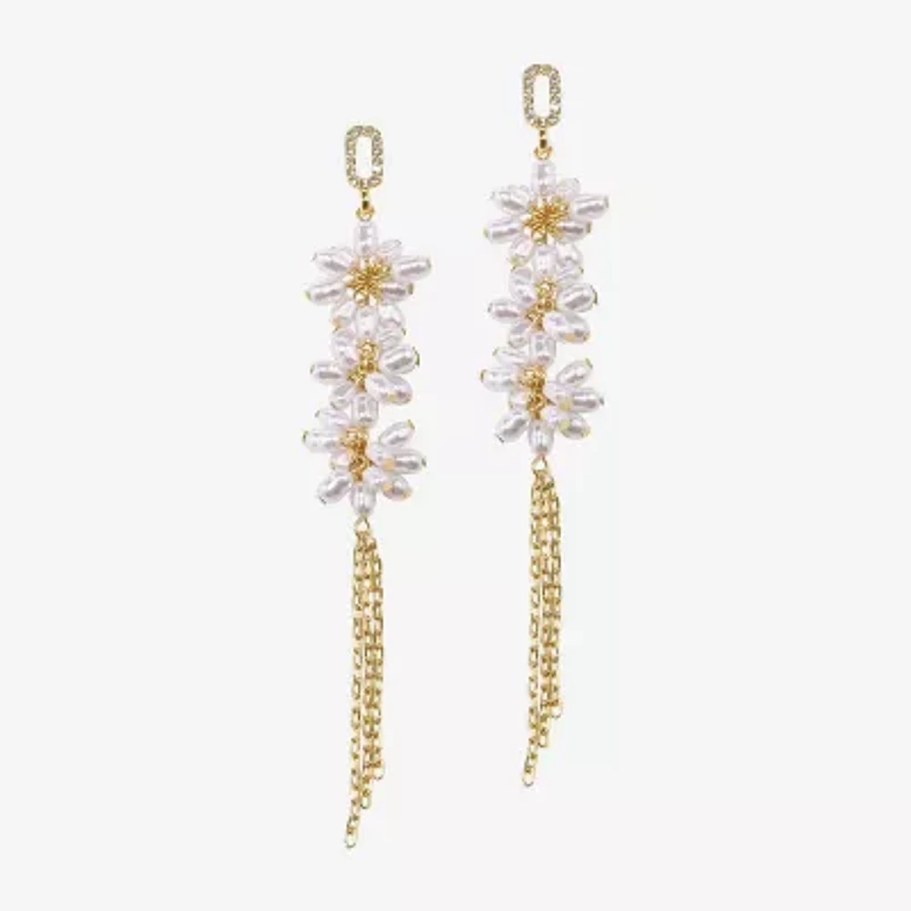 Bijoux Bar Gold Tone Womens Glass Simulated Pearl Flower Drop Earrings
