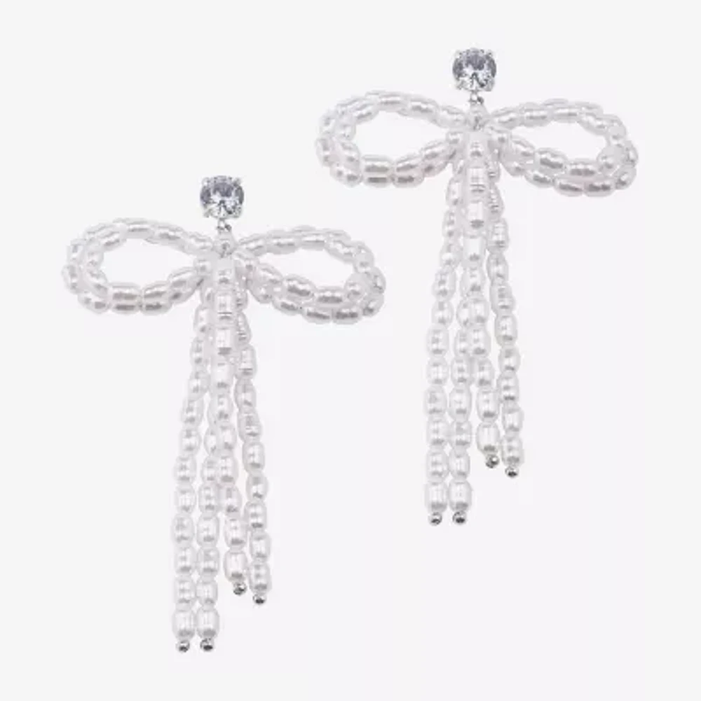 Bijoux Bar Silver Tone Womens Glass Simulated Pearl Bow Drop Earrings