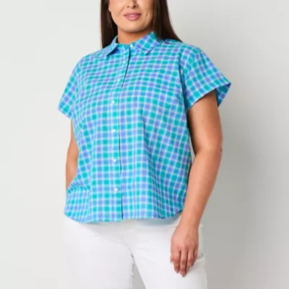 St. John's Bay Womens Easy-on + Easy-off Hidden Access Opening Short Sleeve Roll Regular Fit Plus Button-Down Shirt