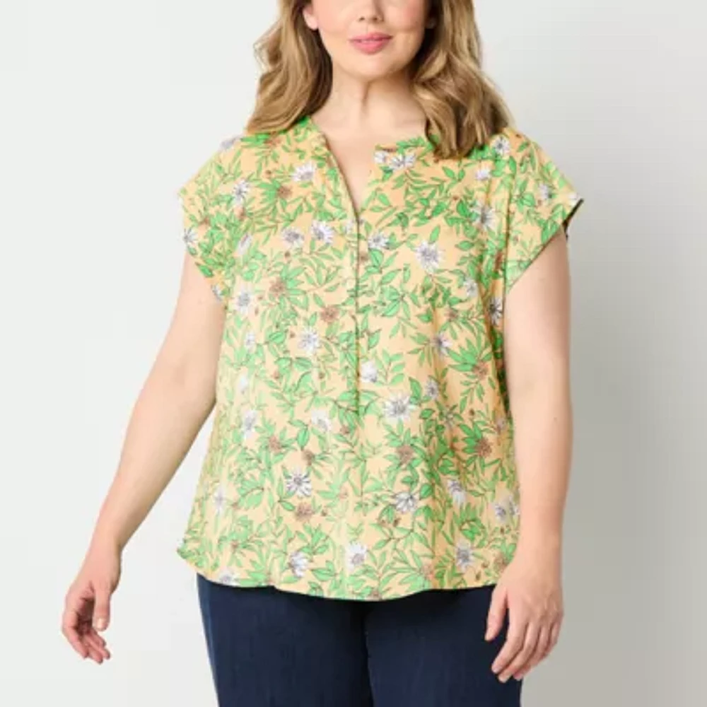 Liz Claiborne Womens Crew Neck Short Sleeve Cap Regular Fit Plus Button-Down Shirt