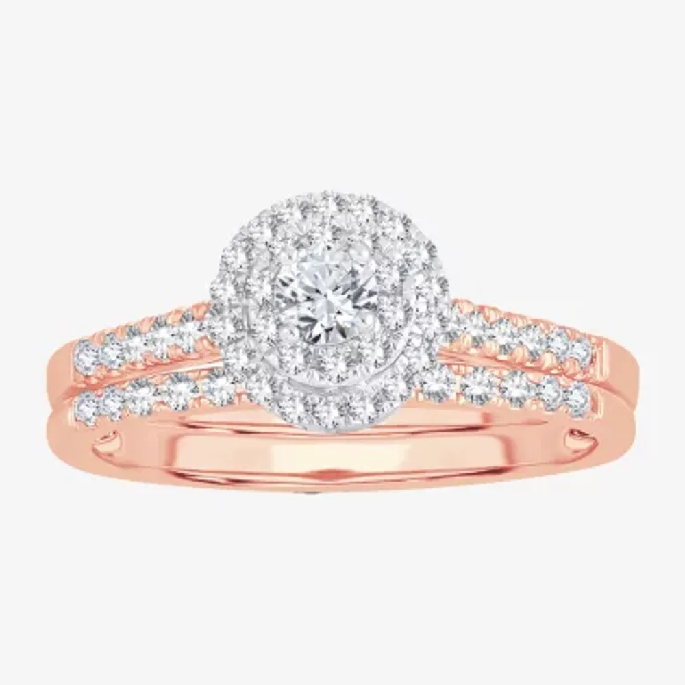 Round 1/2 CT.T.W. Natural Diamond Side Stone Halo Bridal Set 10K or 14K Gold