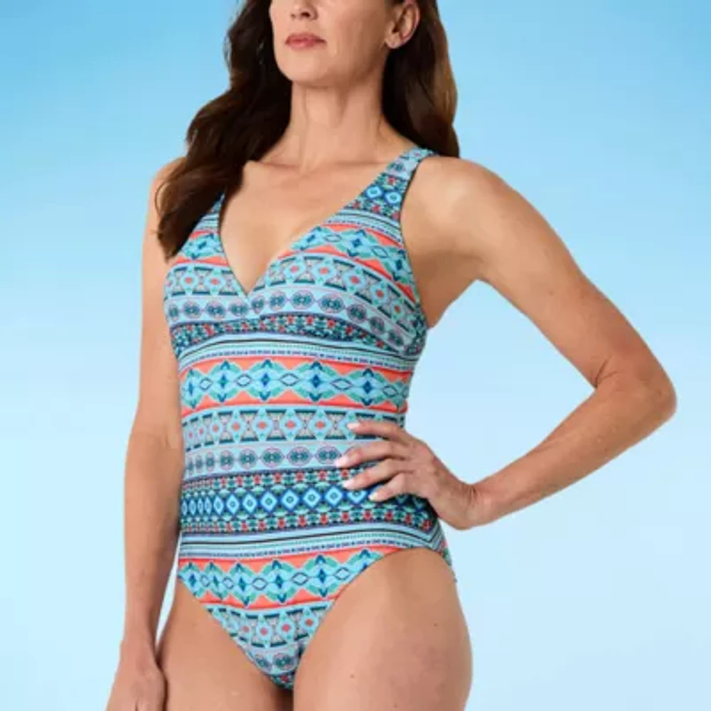 Liz Claiborne Womens Geo Linear One Piece Swimsuit