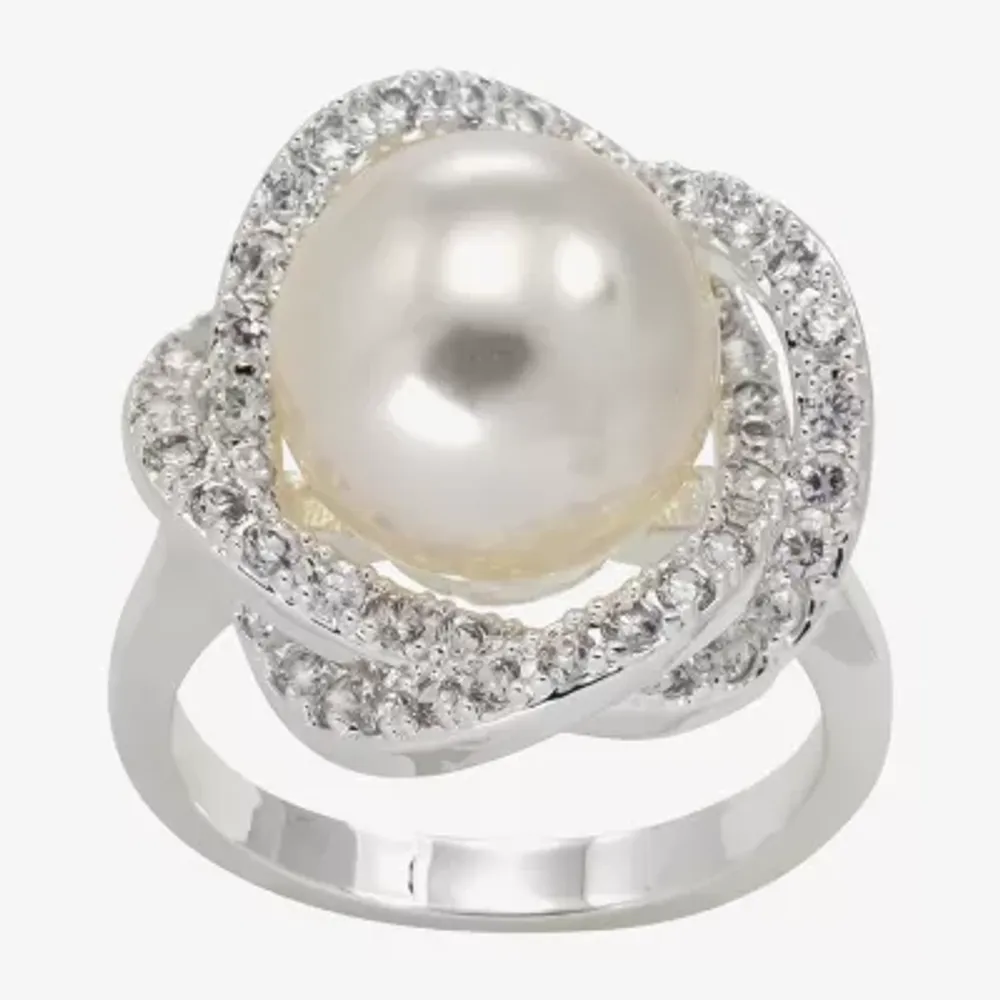 Sparkle Allure Womens White Simulated Pearl Pure Silver Over Brass Cocktail Ring
