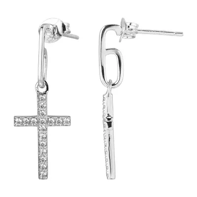 Womens Cubic Zirconia Sterling Silver Cross Drop Earrings