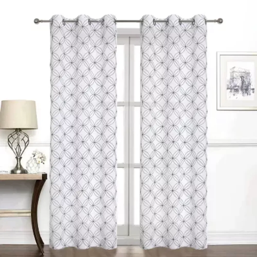 Regal Home Perth Geometric Embroidery Grommet Top Sheer Set of 2 Curtain Panel