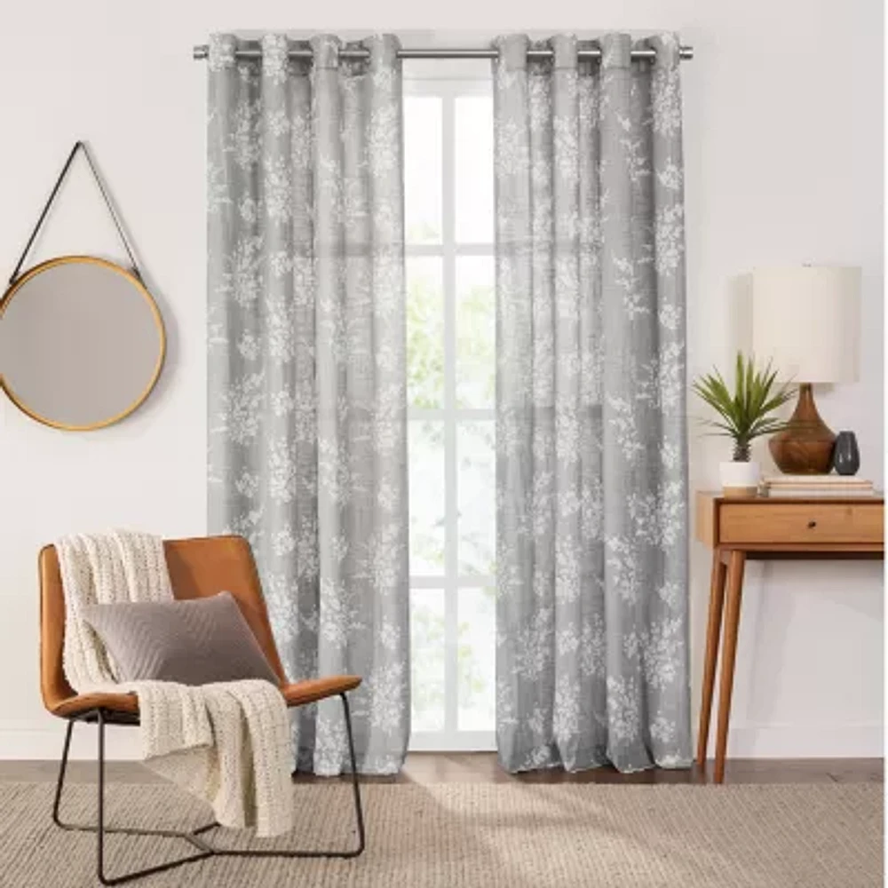 Fieldcrest Arden Tossed Bouquet Cotton Grommet Top Sheer Single Curtain Panel