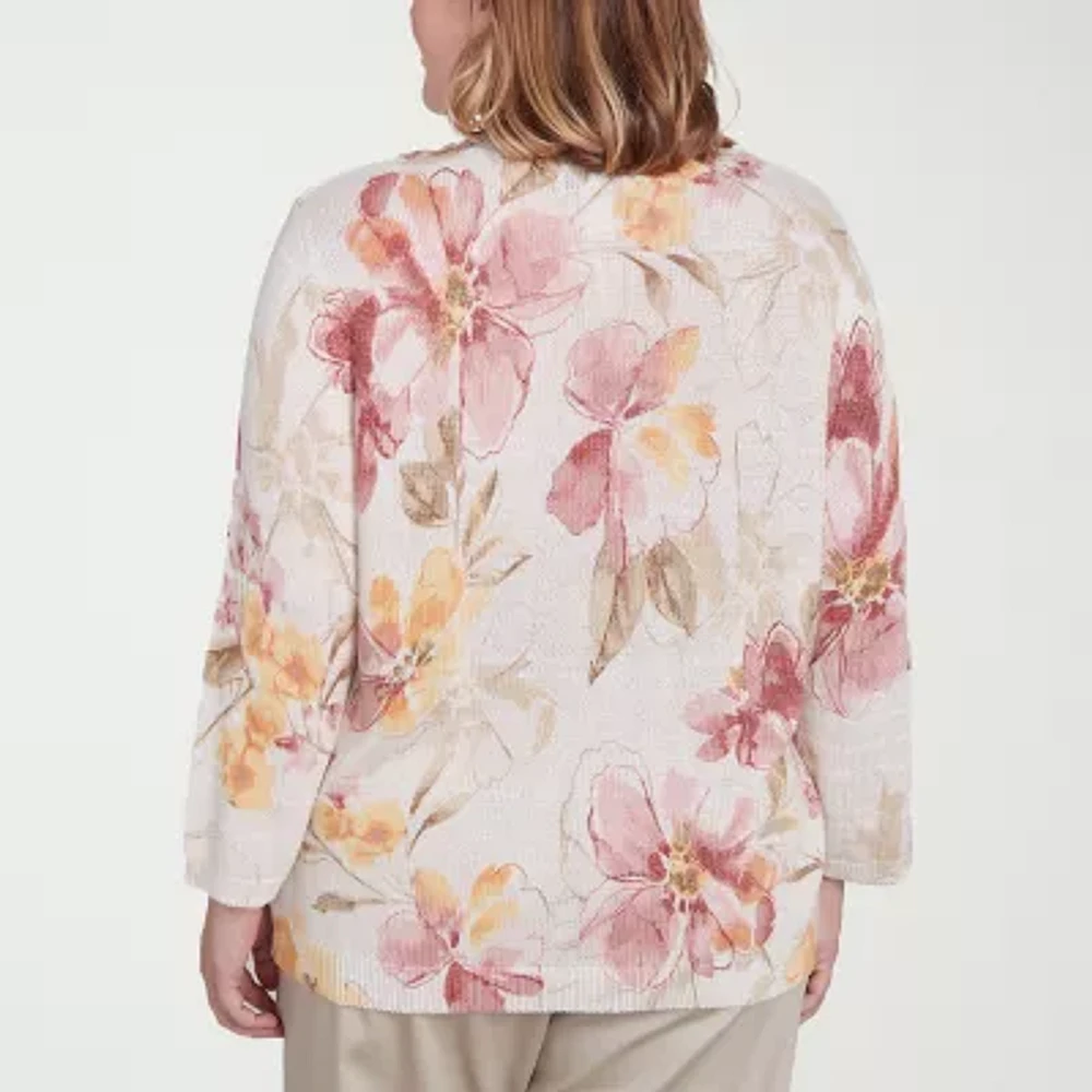 Alfred Dunner Plus Coming Up Roses Womens Crew Neck 3/4 Sleeve Floral Pullover Sweater