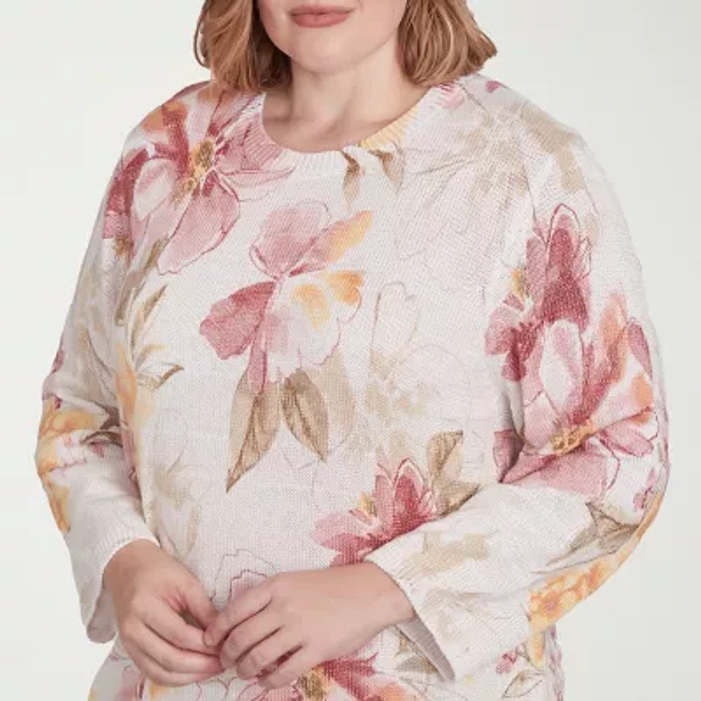 Alfred Dunner Plus Coming Up Roses Womens Crew Neck 3/4 Sleeve Floral Pullover Sweater