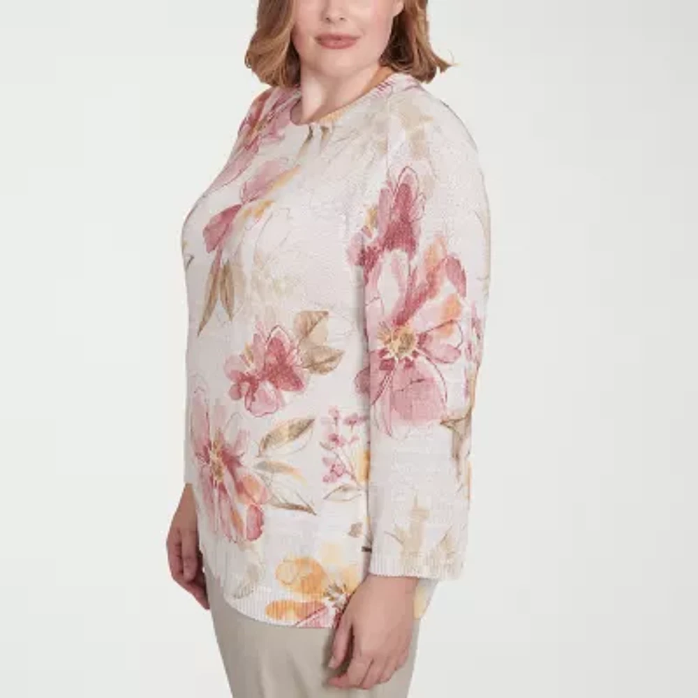 Alfred Dunner Plus Coming Up Roses Womens Crew Neck 3/4 Sleeve Floral Pullover Sweater