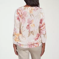 Alfred Dunner Coming Up Roses Womens Crew Neck 3/4 Sleeve Floral Pullover Sweater