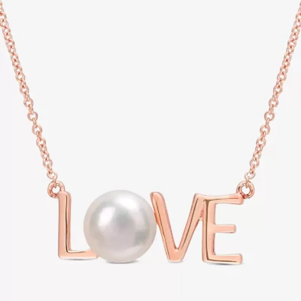 Love" Womens White Cultured Freshwater Pearl 10K Rose Gold 17 Inch Pendant Necklace