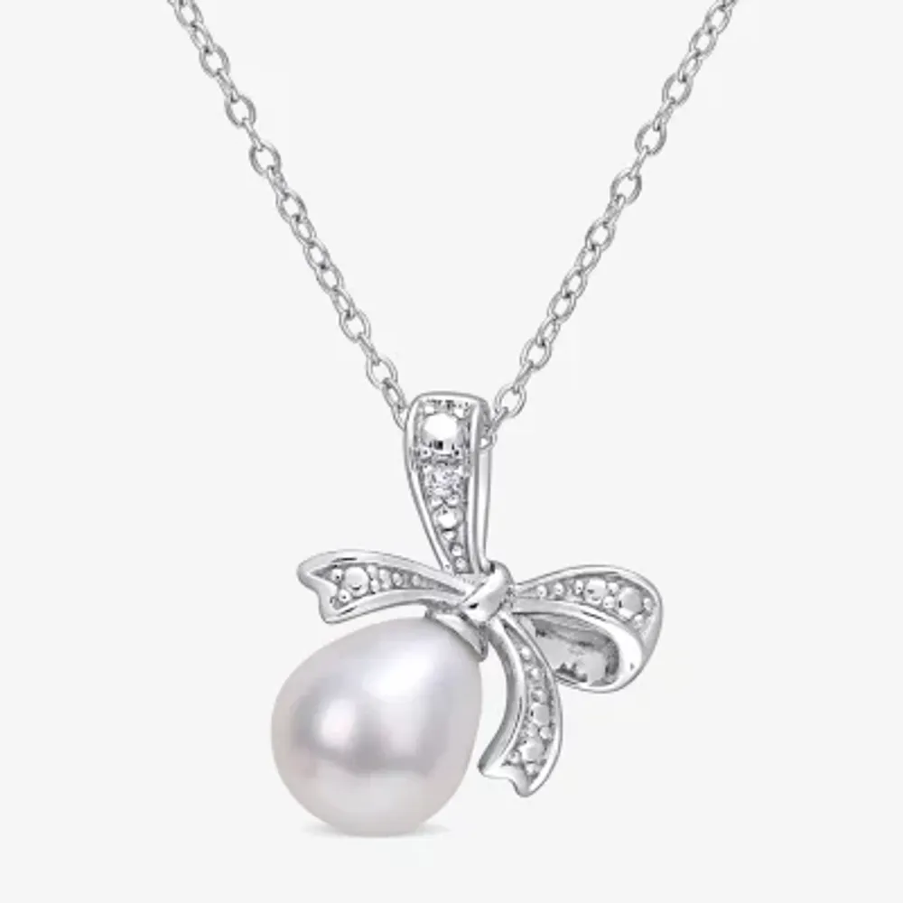 Womens Diamond Accent White Cultured Freshwater Pearl Sterling Silver Bow 18 Inch Pendant Necklace