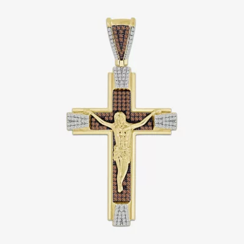"Crucifix" Mens 1/2 CT. T.W. Natural Champagne Diamond 10K Gold Cross Pendant