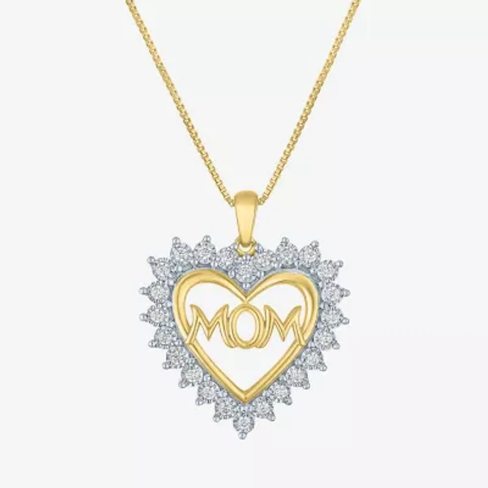 "Mom" (G-H / I1-I2) Womens 1/4 CT. T.W. Lab Grown White Diamond 14K Gold Over Silver Heart 18 Inch Pendant Necklace