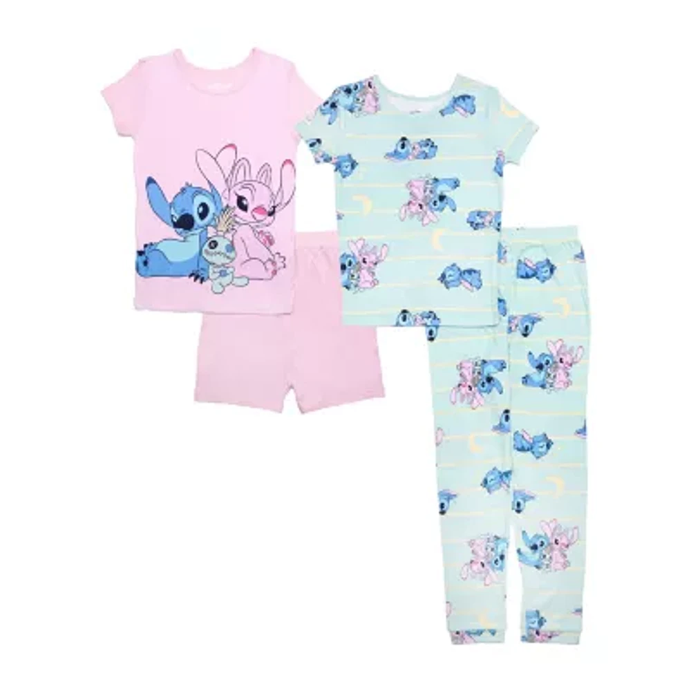 Disney Collection Little & Big Kid Girls Lilo Stitch Crew Neck Short Sleeve 4-pc. Pajama Sets
