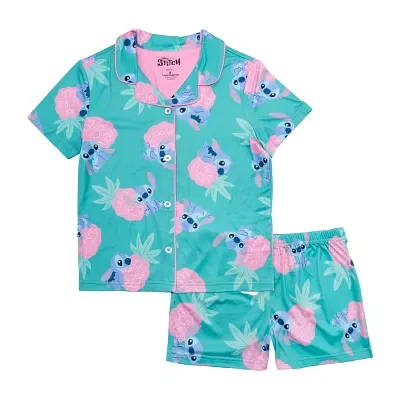 Disney Collection Little & Big Kid Girls Lilo Stitch V-Neck Short Sleeve 2-pc. Pajama Sets