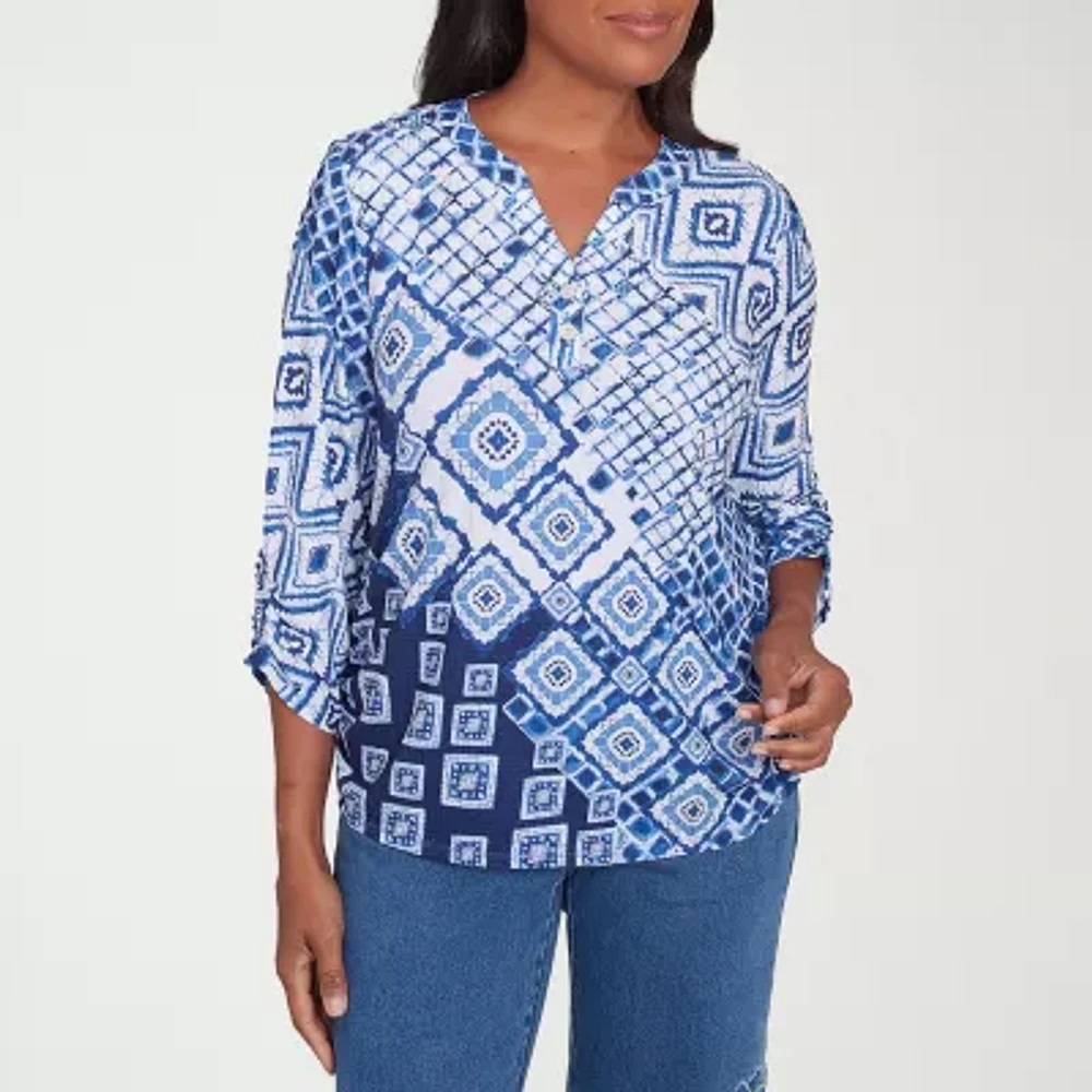 Alfred Dunner Free Spirit Womens Split Crew Neck 3/4 Sleeve T-Shirt
