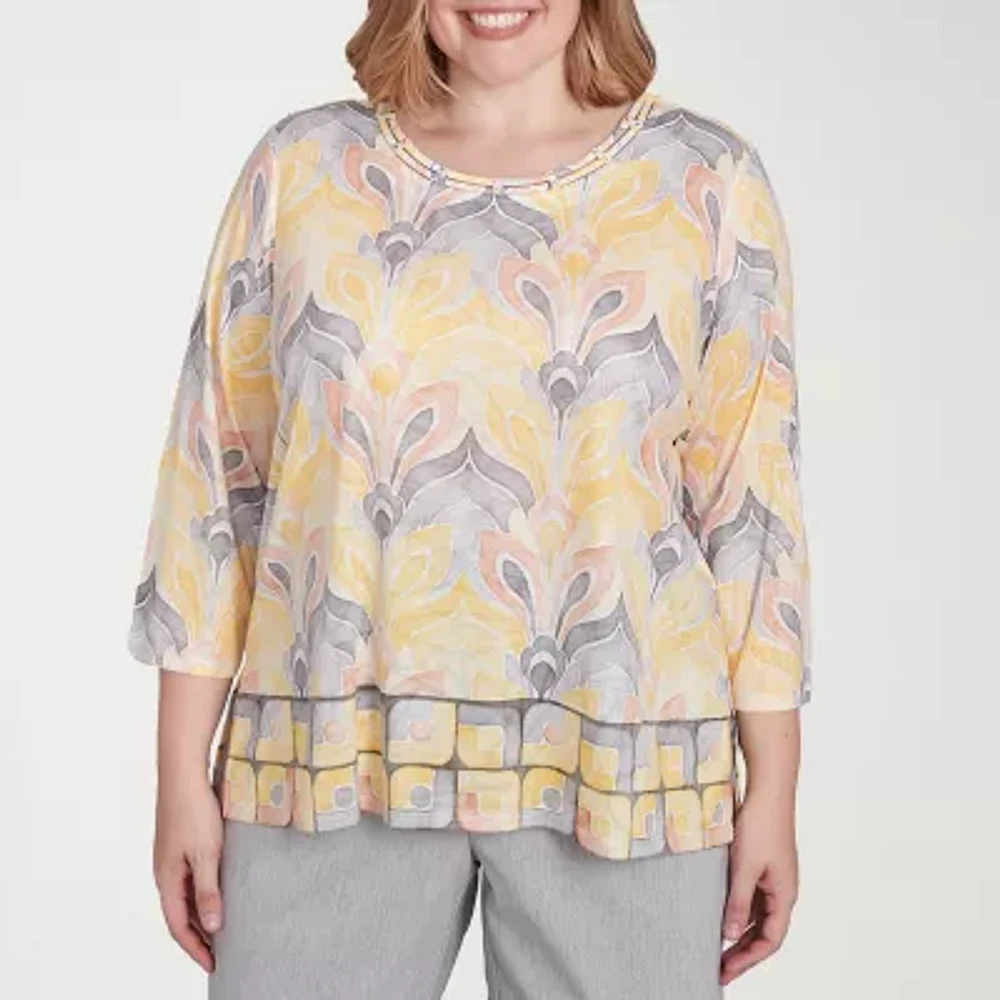 Alfred Dunner Dress Code Womens Crew Neck 3/4 Sleeve Plus T-Shirt