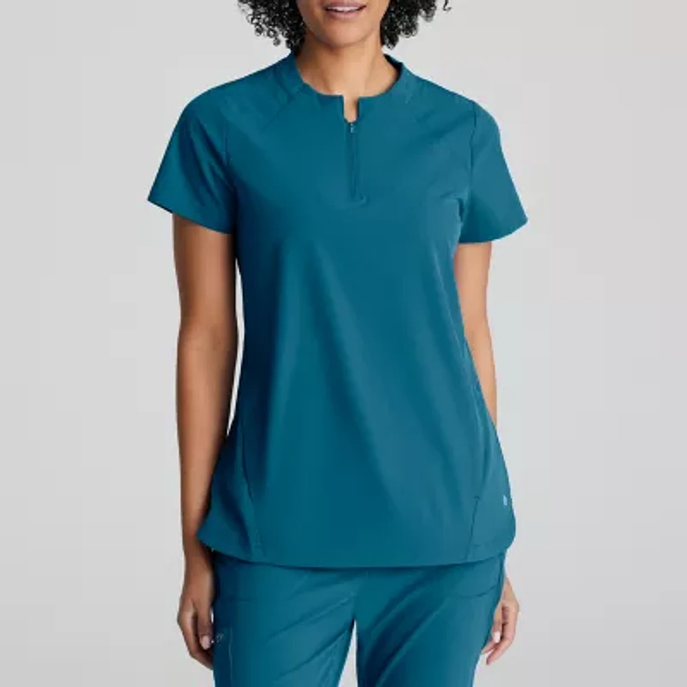 Barco One Bot216 Flux 2-Pocket Banded Zip Collar Womens High Neck Short Sleeve Wrinkle Resistant Scrub Top