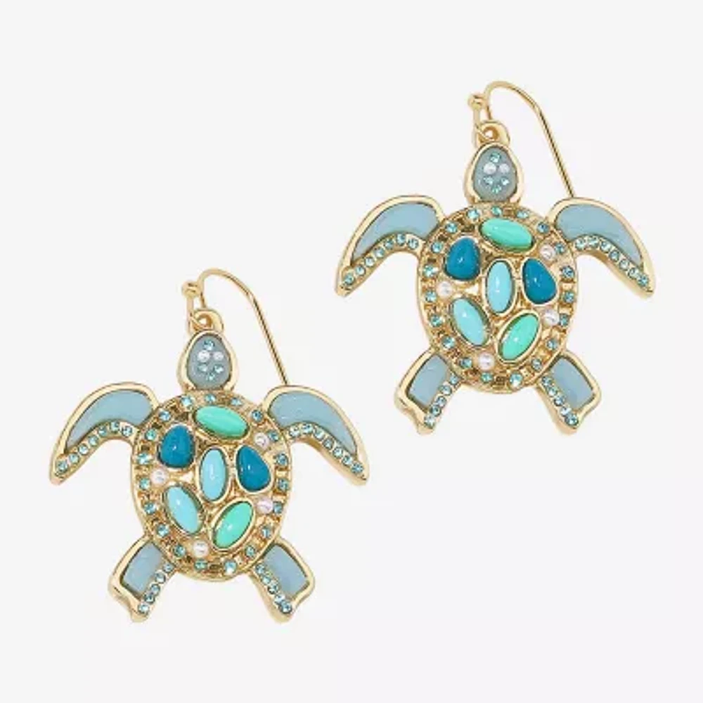 Bijoux Bar Gold Tone Turtle Womens Blue Glass Simulated Pearl Drop Earrings