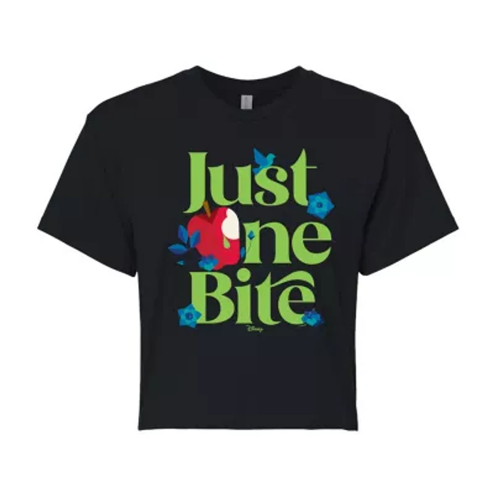 Just One Bite Cropped Tee Womens Crew Neck Short Sleeve Regular Fit Evil Queen Snow White Juniors Graphic T-Shirt
