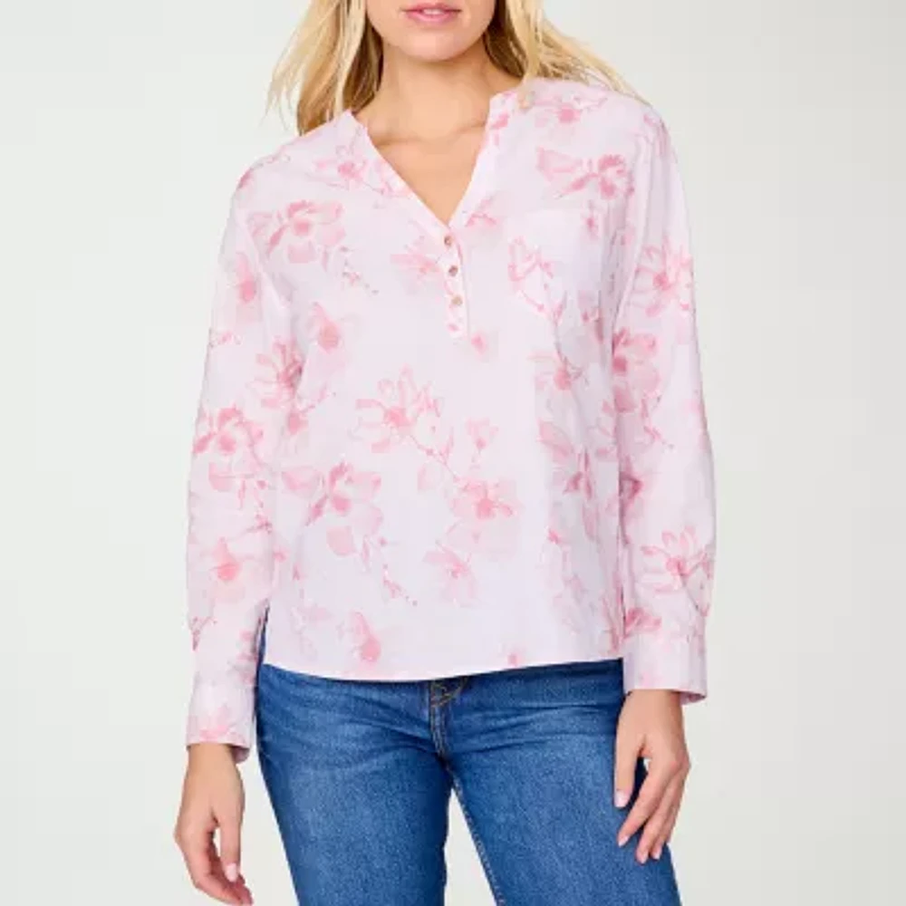 Free Country Womens Split Crew Neck Long Sleeve Cuffed Loose Fit Stretch Fabric Button-Down Shirt