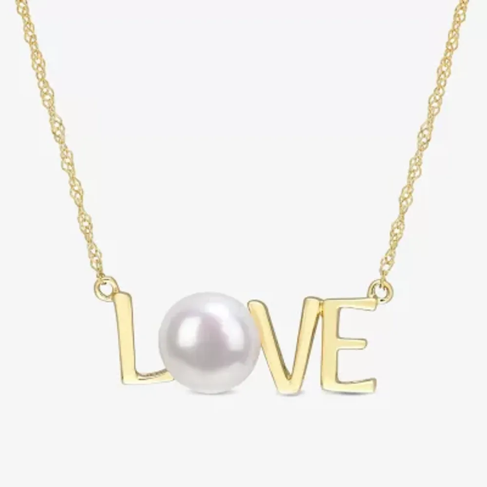 Love" Womens White Cultured Freshwater Pearl 10K Gold 17 Inch Pendant Necklace