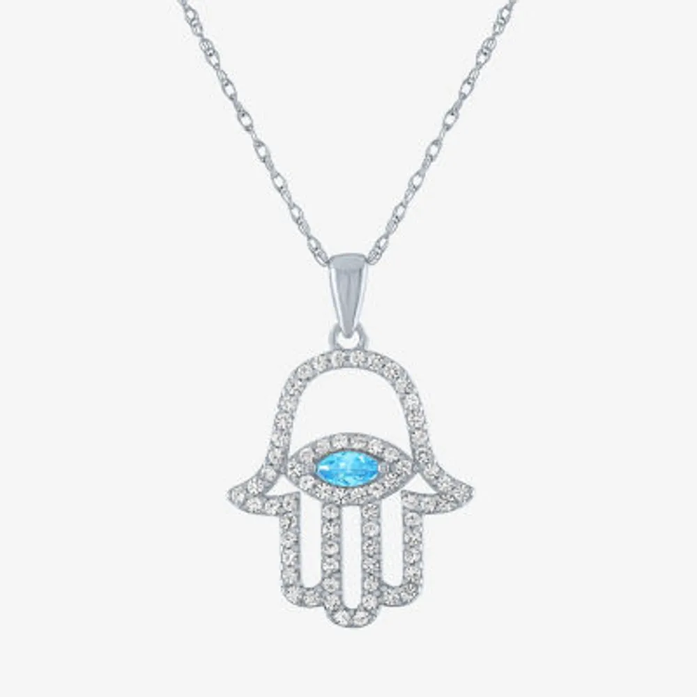 Womens Genuine Blue Topaz Sterling Silver Hamsa 18 Inch Pendant Necklace