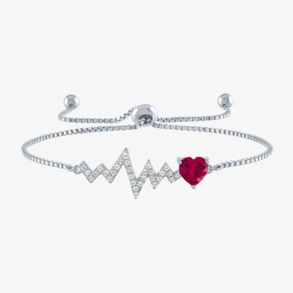Heartbeat Womens Lab Created Red Ruby Sterling Silver Heart Bolo Bracelet