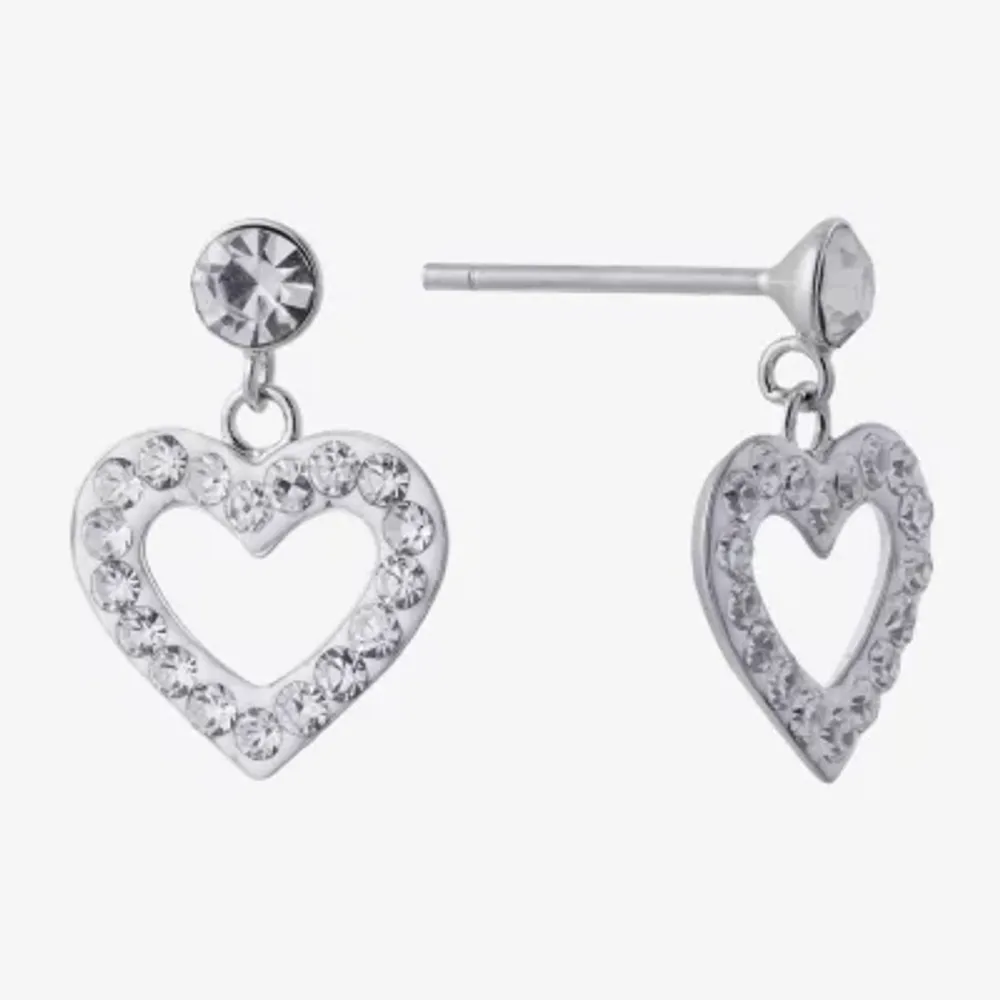Silver Treasures Womens Crystal Sterling Silver Heart Drop Earrings