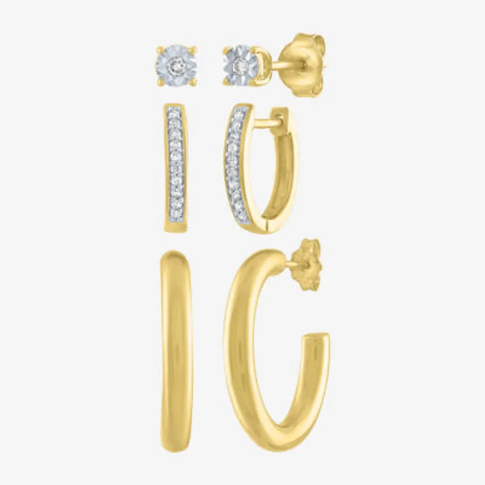 Diamond Addiction Womens 1/7 CT. T.W. Natural White Diamond 14K Gold Over Silver Sterling Silver 3 Pair Earring Set