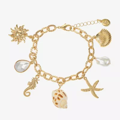 Bijoux Bar Womens Simulated Pearl Charm Bracelet