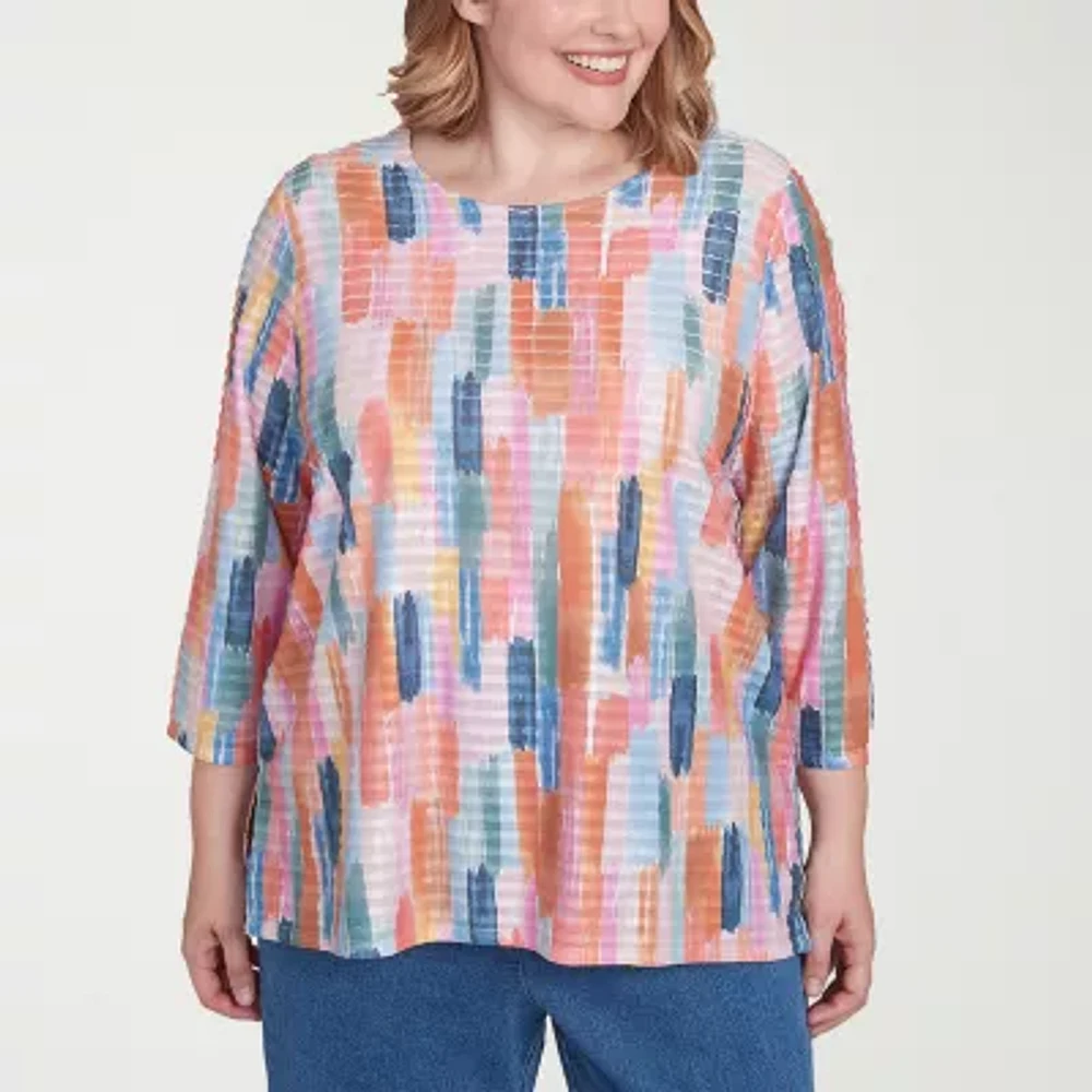 Alfred Dunner Free Spirit Womens Crew Neck 3/4 Sleeve Plus T-Shirt