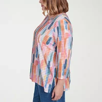 Alfred Dunner Free Spirit Womens Crew Neck 3/4 Sleeve Plus T-Shirt