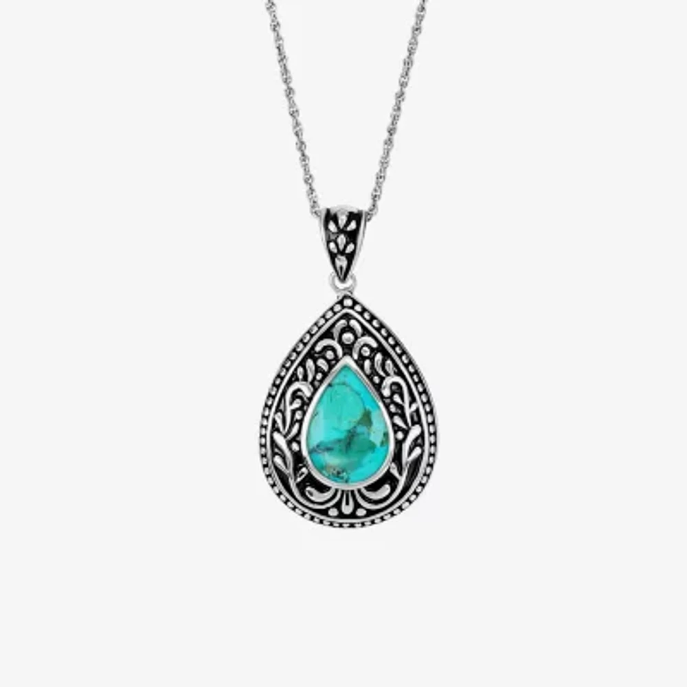 Womens Enhanced Blue Turquoise Sterling Silver Pear 18 Inch Pendant Necklace