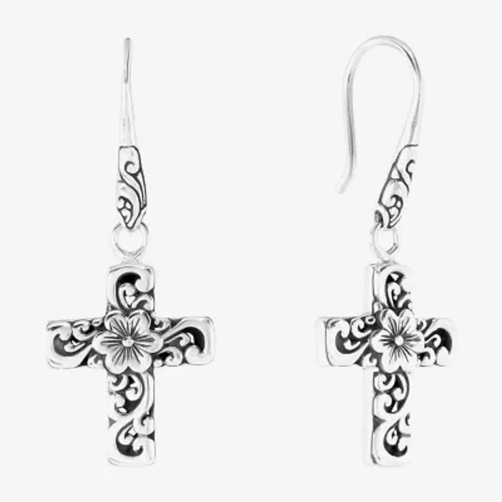 Bali Inspired Womens Sterling Silver Cross Drop Earrings
