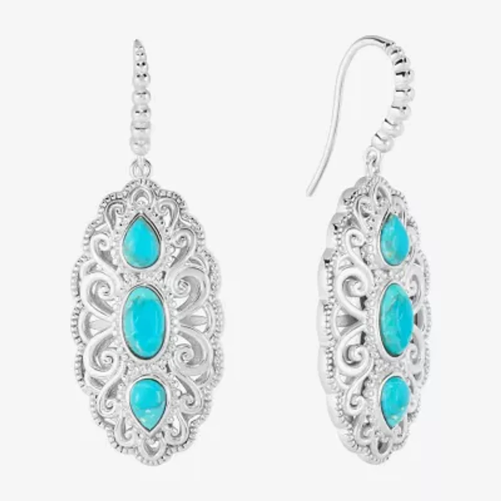 Womens Genuine Blue Turquoise Sterling Silver Oval Drop Earrings