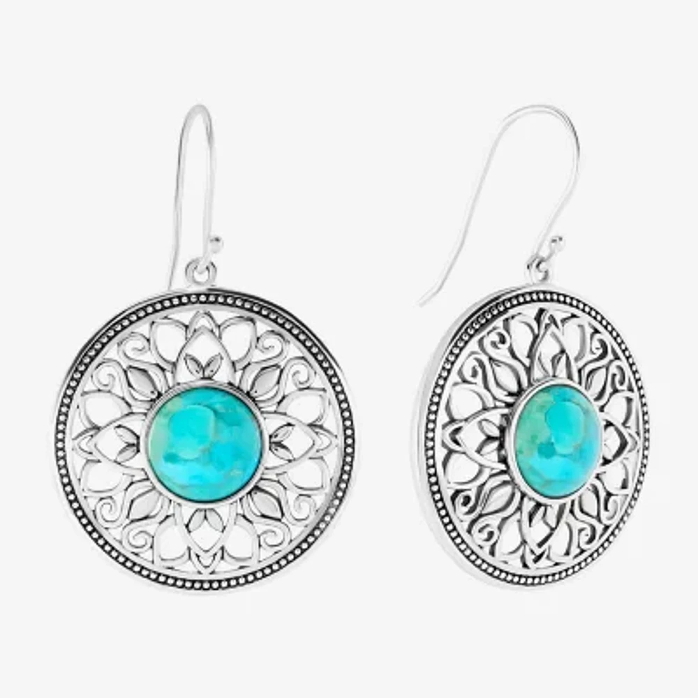 Womens Genuine Blue Turquoise Sterling Silver Round Drop Earrings