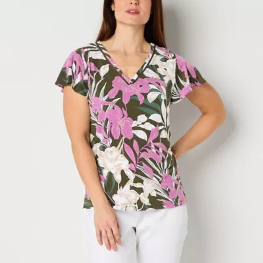 Liz Claiborne Womens V Neck Short Sleeve Blouse