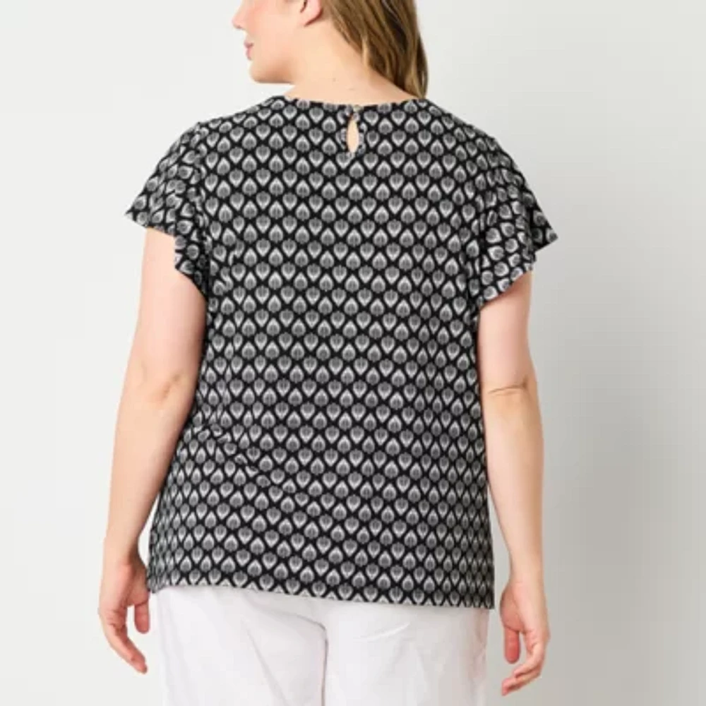 Liz Claiborne Womens Round Neck Short Sleeve Plus Blouse