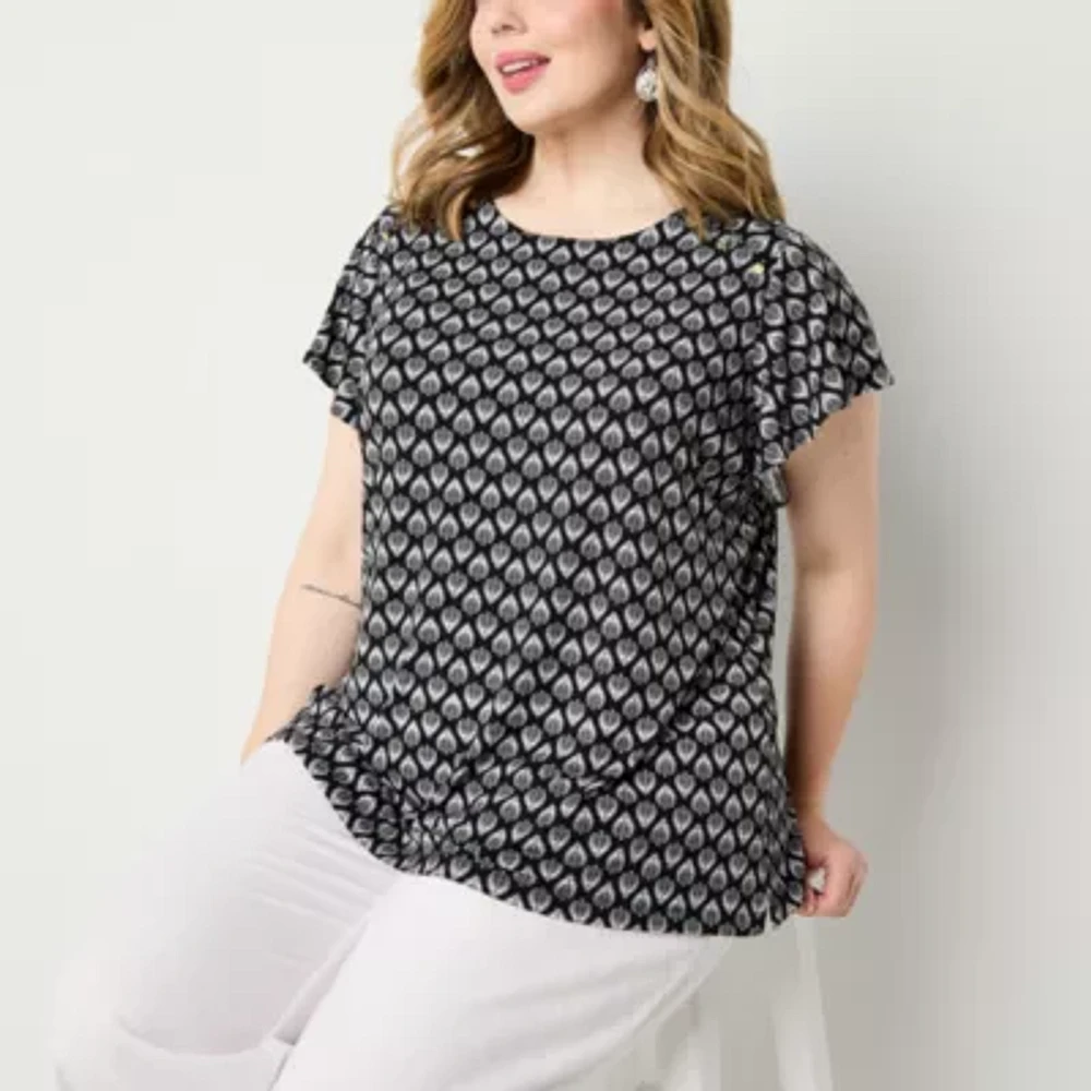 Liz Claiborne Womens Round Neck Short Sleeve Plus Blouse