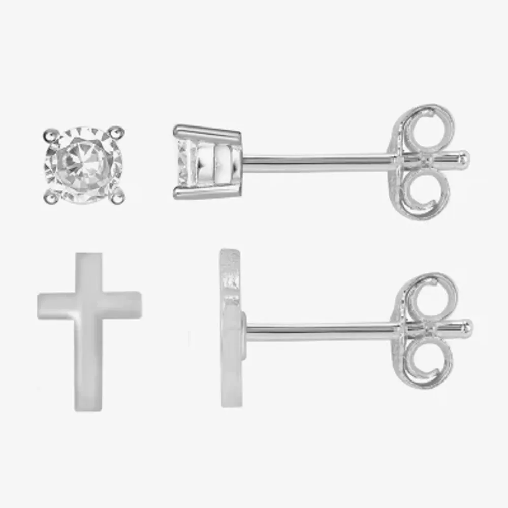 Itsy Bitsy Made With Recycled Sterling Silver Womens Cubic Zirconia Sterling Silver Cross Hypoallergenic 2 Pair Earring Set