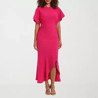 London Style Womens Short Sleeve Eyelet Midi Fit + Flare Dress Petite