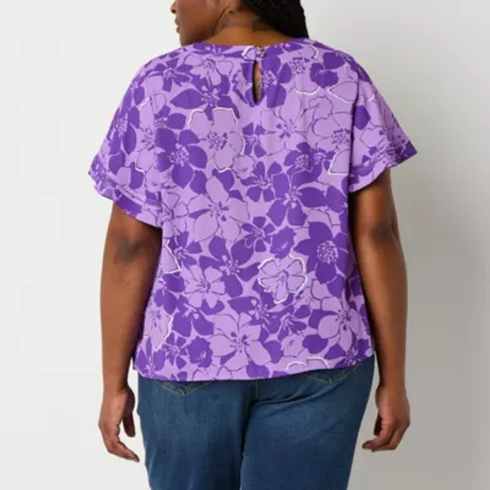 Liz Claiborne Womens Round Neck Short Sleeve Plus Blouse