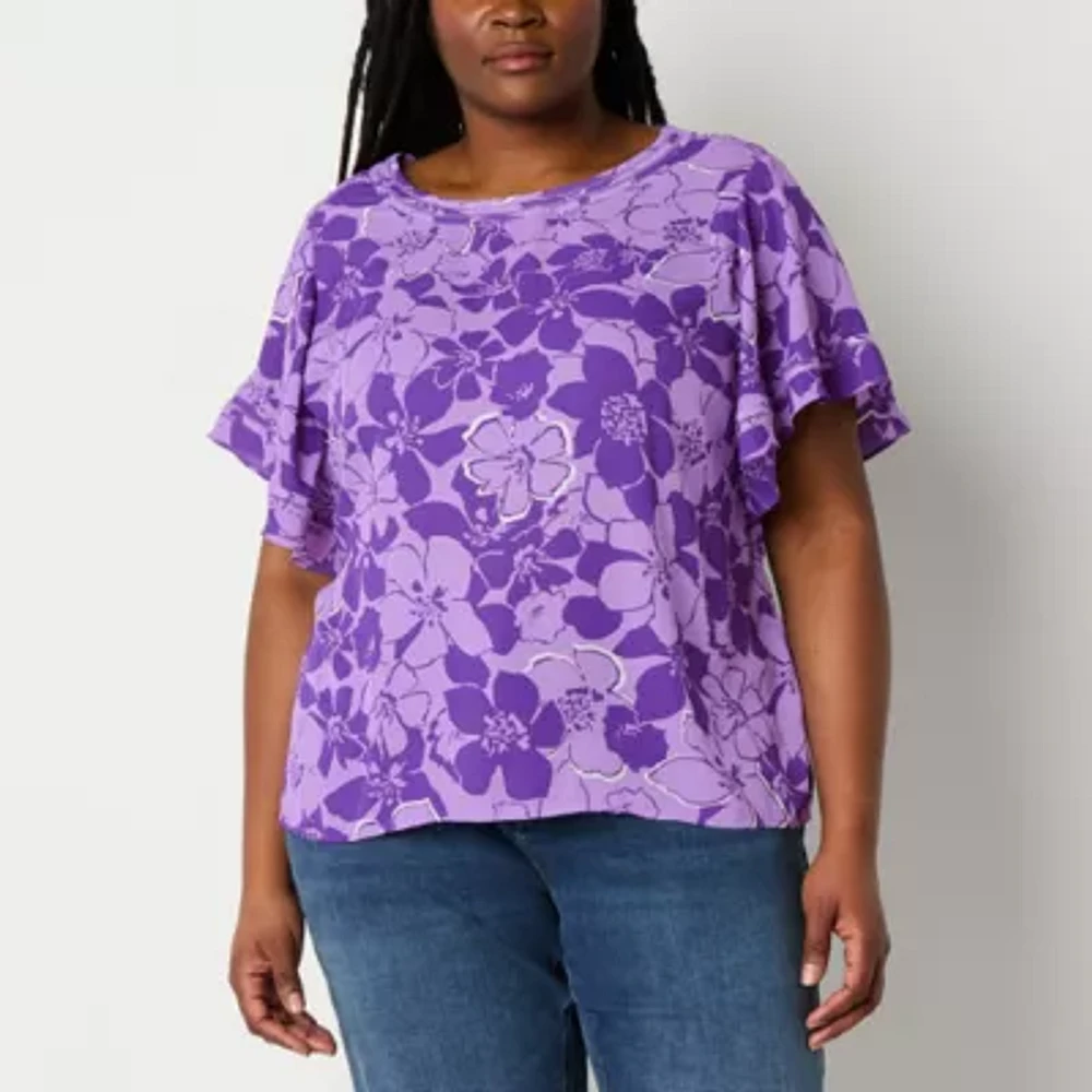 Liz Claiborne Womens Round Neck Short Sleeve Plus Blouse