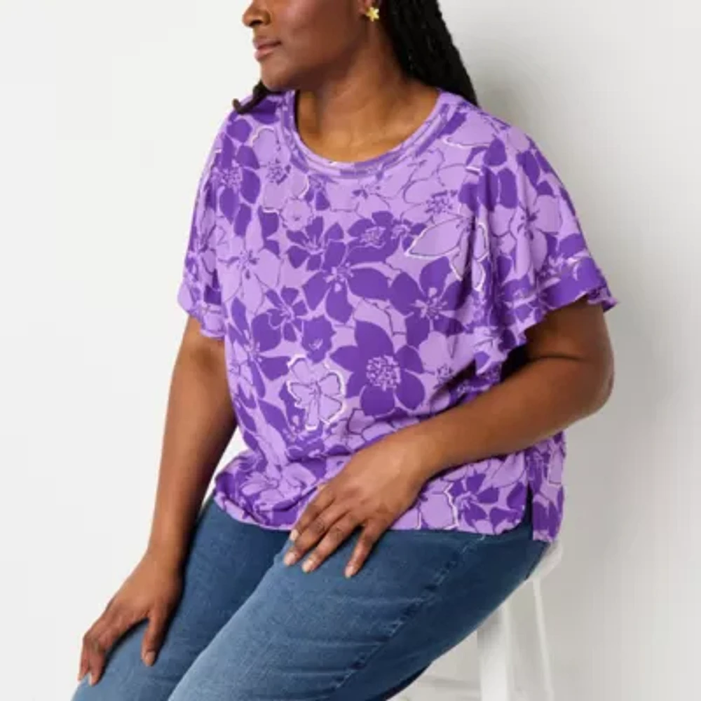 Liz Claiborne Womens Round Neck Short Sleeve Plus Blouse